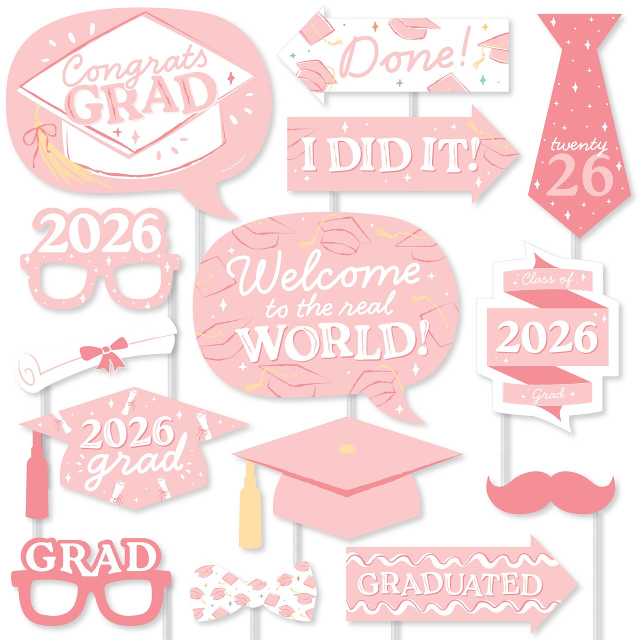 Big Dot of Happiness Pink Graduation Props for Photoshoot 2026, Set of Photo Booth Props for Pictures and Graduation Party Decorations - 20 Count